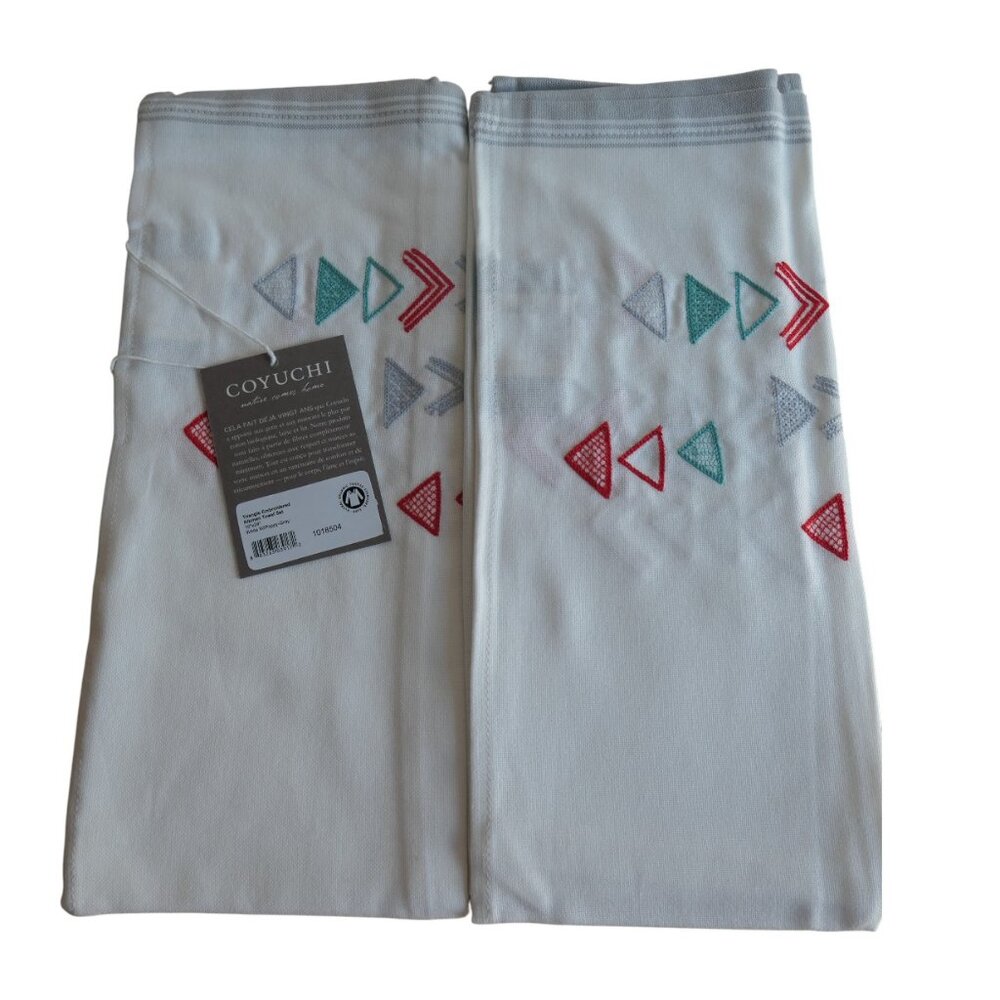 Coyuchi- White/poppy-gray organic cotton triangle embroidered kitchen towel set